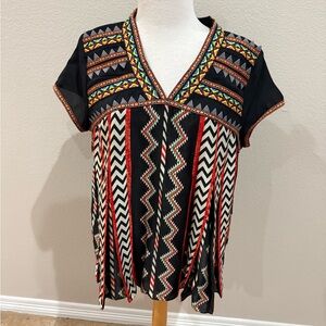 Anthropologie Ranna Gill Embroidered Blouse Size 12 Mixed Print Crochet Tribal
